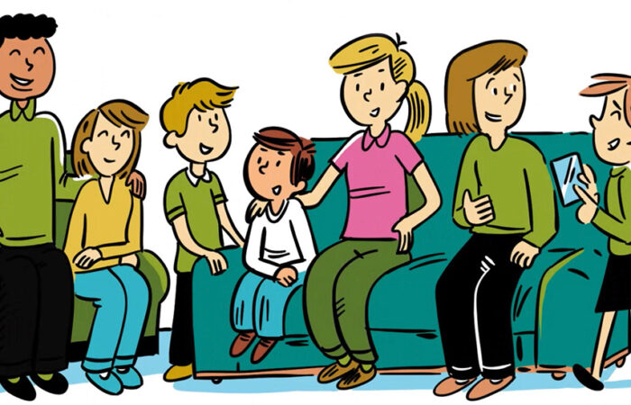 Piirroskuvassa aikuisia ja lapsia istuu sohvilla juttelemassa.