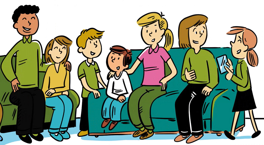 Piirroskuvassa aikuisia ja lapsia istuu sohvilla juttelemassa.