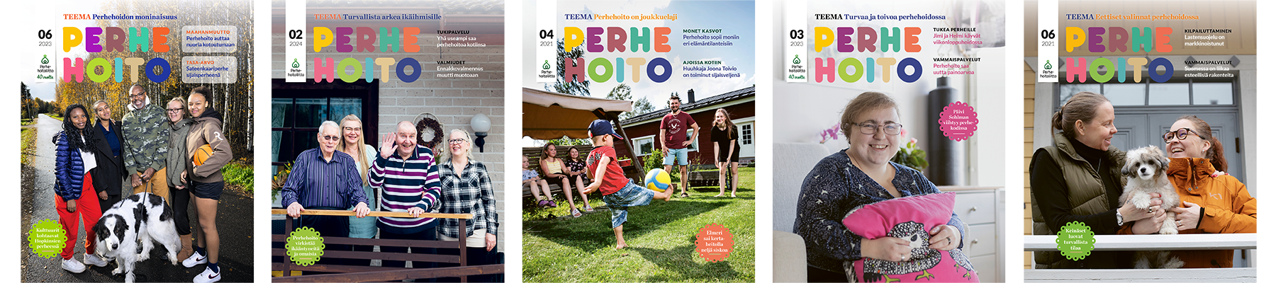 Viiden Perhehoito-lehden kansikuvat rivissä