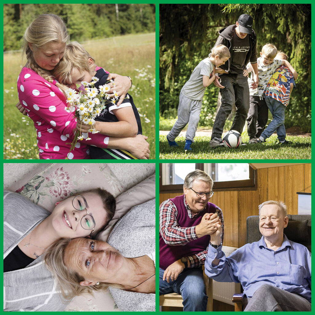 Neljä valokuvaa, joissa on perhehoitoperheitä.