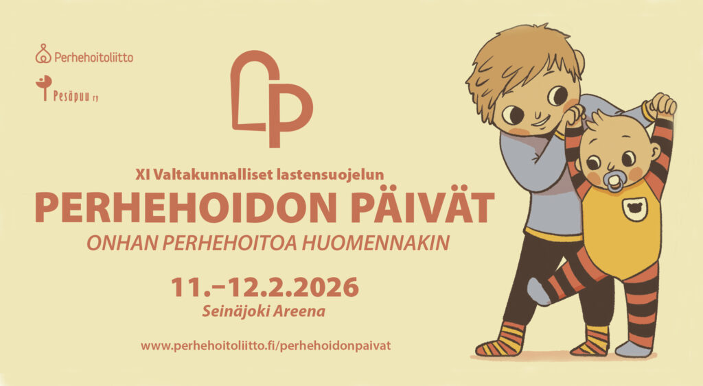 Piirroskuvassa isompi opettaa vauvaa kävelemään.