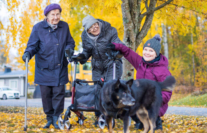 Kaksi iäkästä naista, nuorempi nainen ja koira seisovat keltalehtisen syyspihlajan alla.