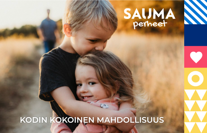 Mainoskuvassa kaksi lasta halaa toisiaan.