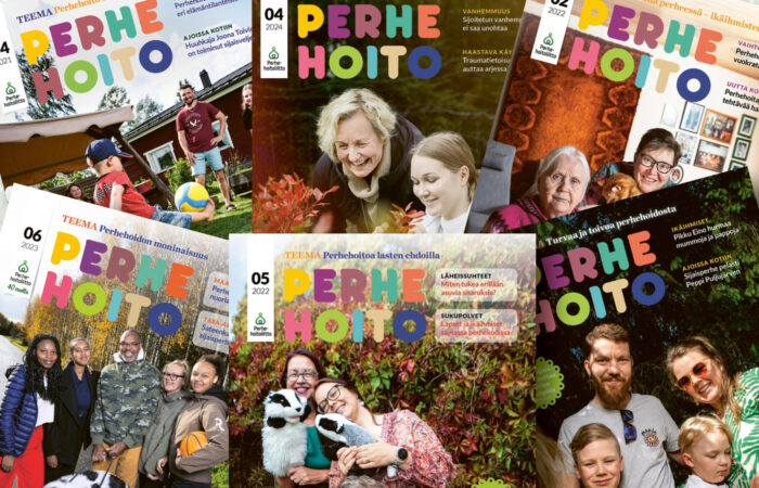 Läjässä useita Perhehoito-lehtien kansikuvia.
