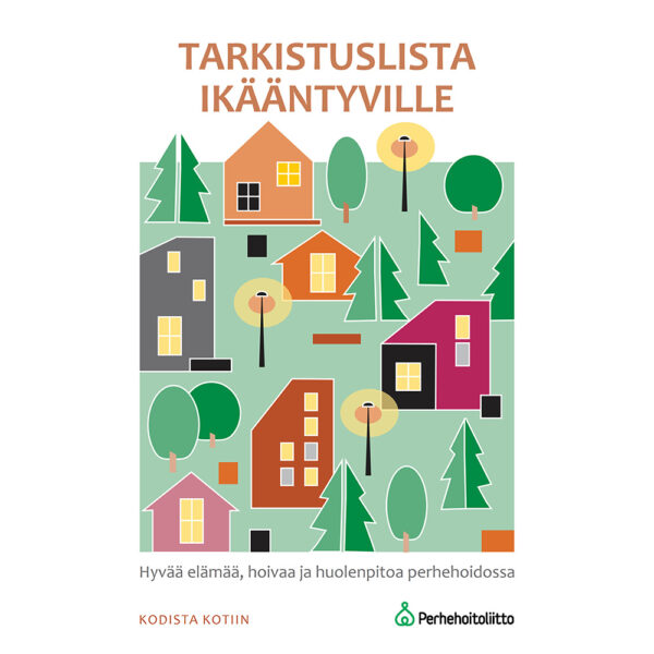 Piirroskuva esitteen kannesta, jossa on puita, taloja ja katulamppuja