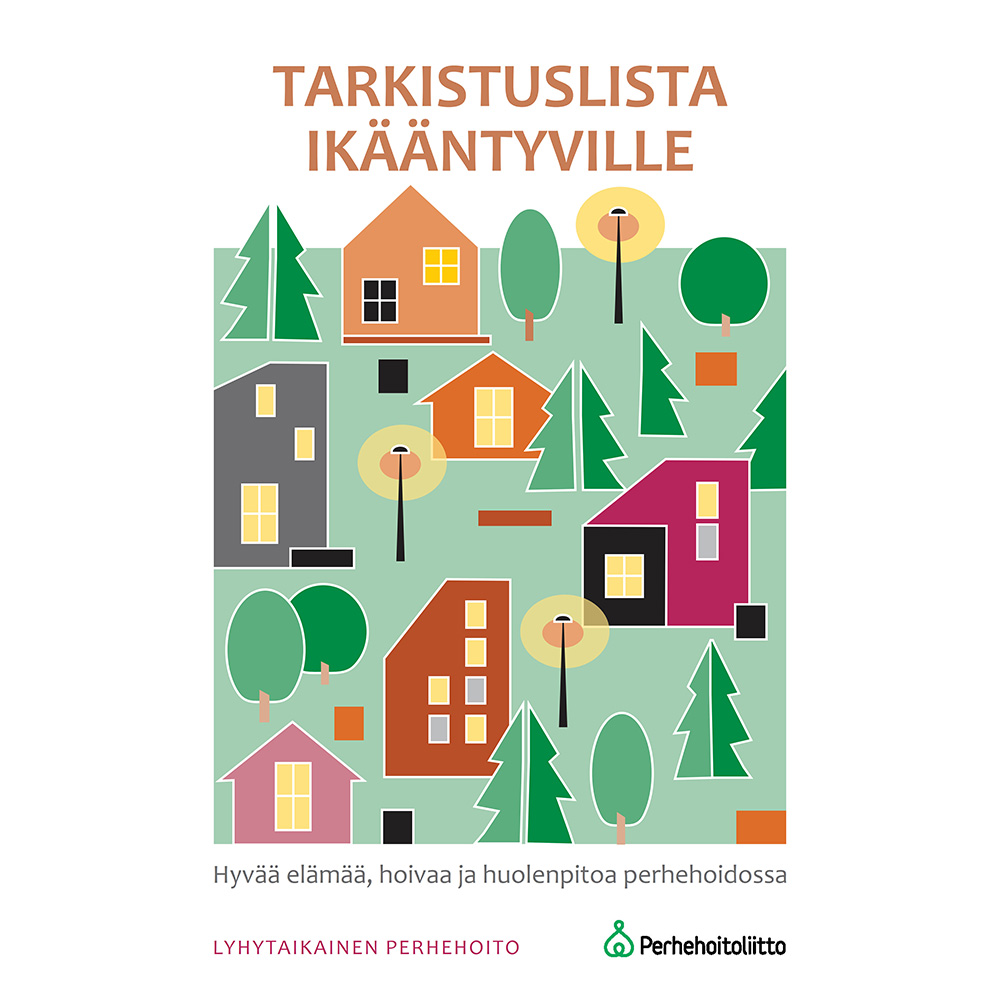 Piirroskuva esitteen kannesta, jossa on puita, taloja ja katulamppuja