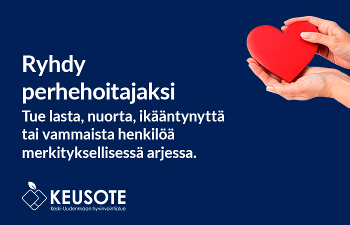 Keusoten mainoskuva, jossa sinisellä taustalla olevat kädet pitelevät sydäntä.