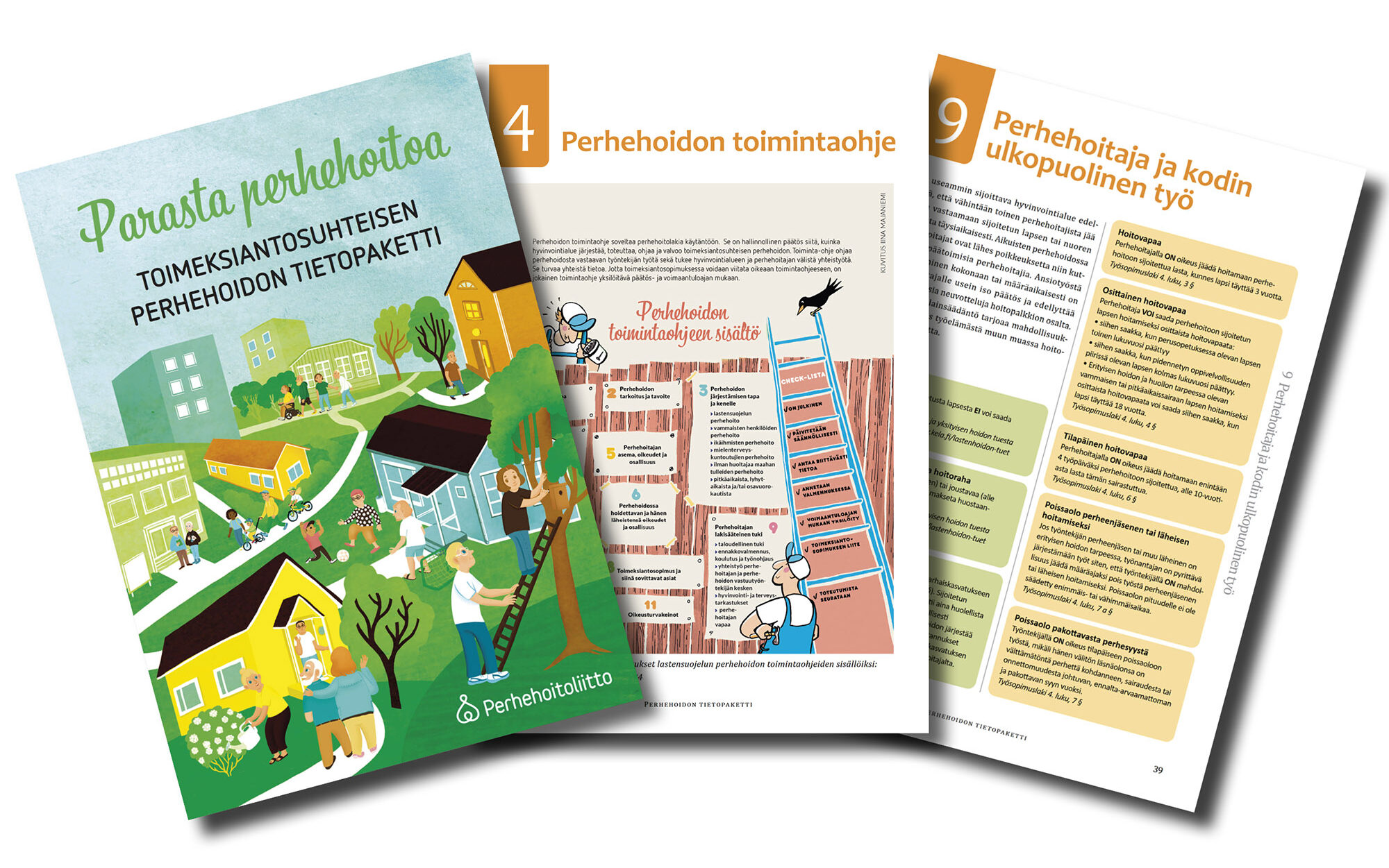 Tietopaketin värikäs piirroskansikuva ja kaksi sisäsivua, joilla tekstiä ja kuvia.
