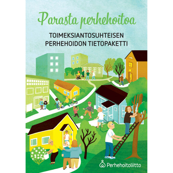 Piirroskuvassa erilaisia ihmishahmoja kulkee talosta taloon.